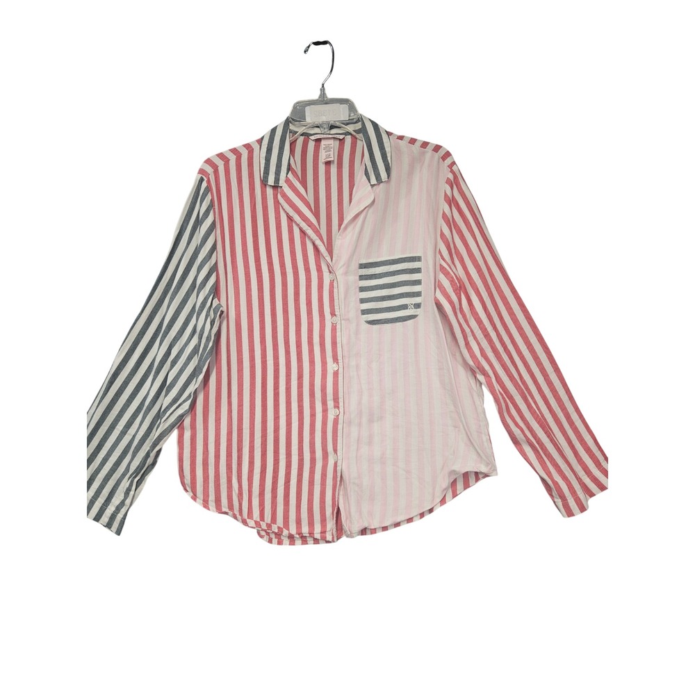 Victorias Secret Pajama Top Small Red Pink Navy Blue Mixed Stripe Button Down